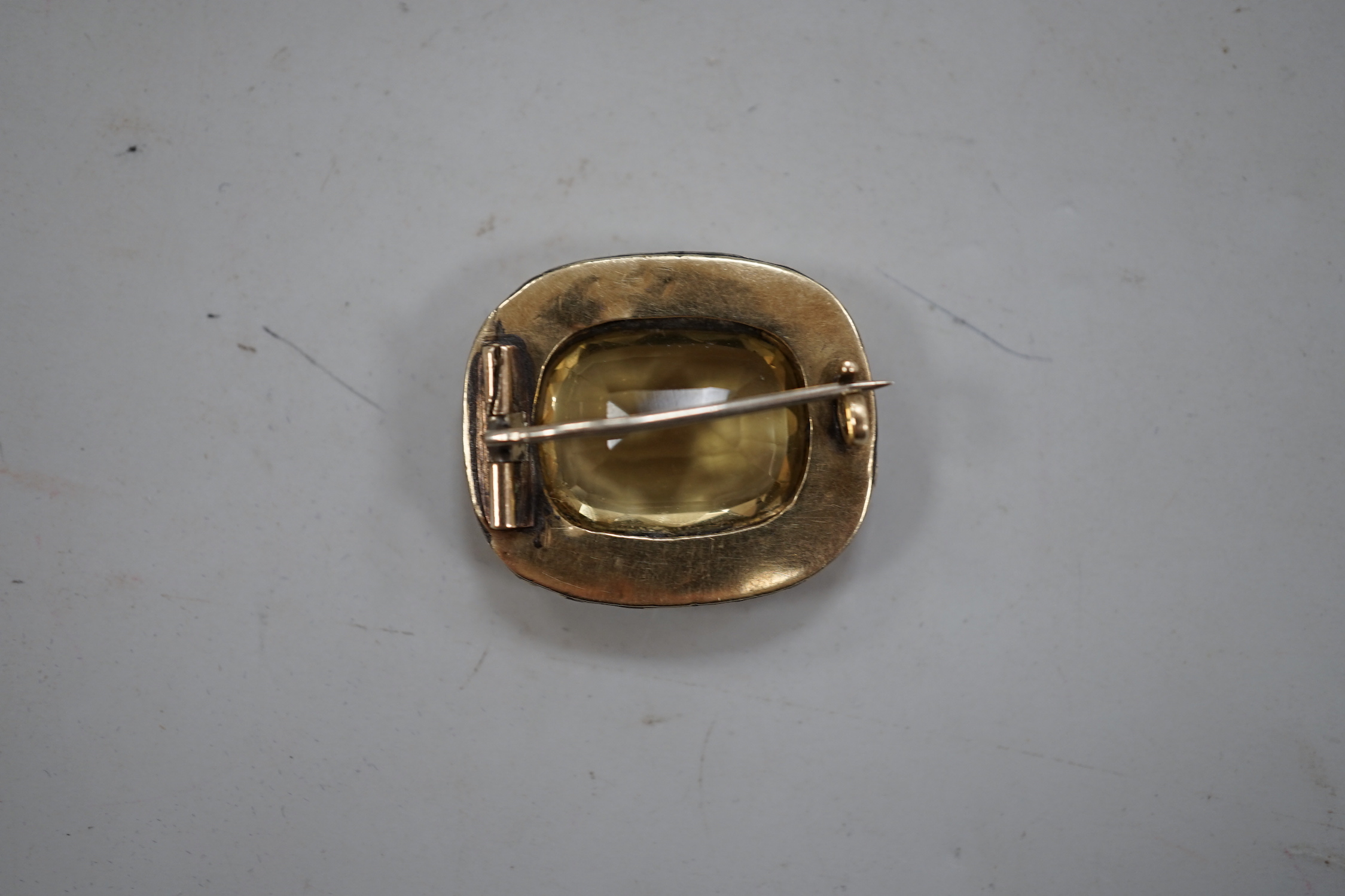 An Edwardian 15ct gold and seed peal set heart drop bar brooch, 40mm, gross weight 2.7 grams, two other yellow metal and gem set bar brooches and a Victorian citrine set brooch.